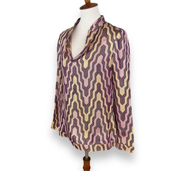 Tory Burch Multicolor Long Sleeve Split V-Neck Geometric Blouse Top Size 6 - Picture 3 of 10